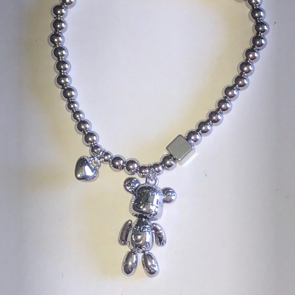 Silver Tone Bear Charm Beaded Boho Bracelet